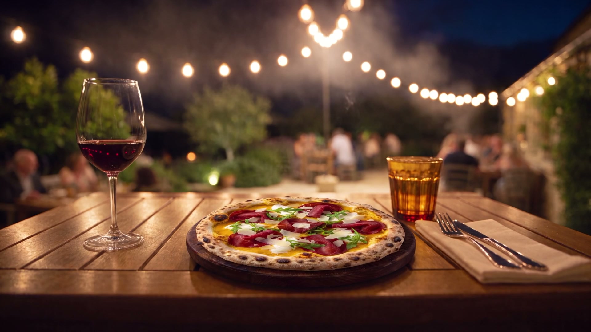 Un tavolo apparecchiato sotto le luci, con la pizza appena arrivata