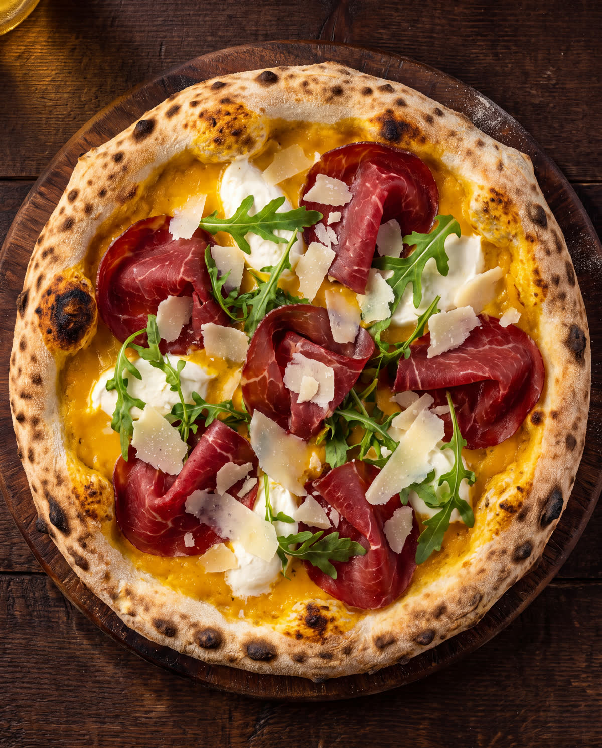 La pizza Soale su tagliere di legno, con carpaccio di Black Angus affumicato, rucola e grana